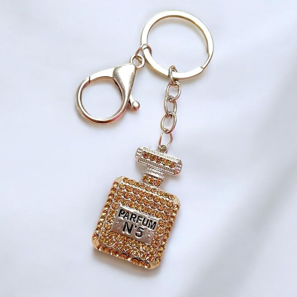 Champagne Crystal Parfum No. 5 Perfume Bottle Silver Keychain